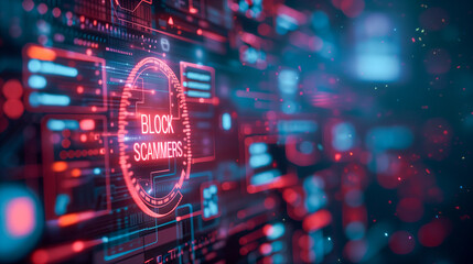 Fototapeta premium Close-Up of Digital Interface Highlighting 'Block Scammers' Message