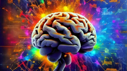 A Colorful Illustration of Human Brain with Abstract Technological Elements - Ideal for Science and Technology Themes