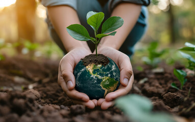 Concept of Environmental Care, Ecology, Sustainability and Climate Awareness: Hands Holding an Earth Globe with a Plant Growing Out of It. Planting the Seed for a Green Future. Earth Day Concept.