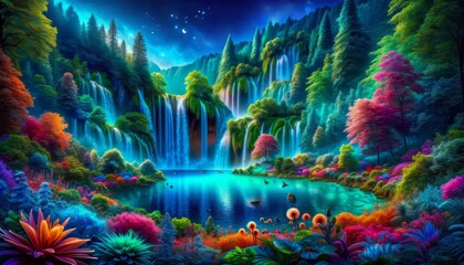 Step into an enchanting nature haven, where waterfalls stream into a serene lake surrounded by colorful flora in a fantasy landscape.