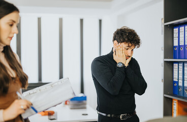 Stressed young man in office with hands on face while focused woman works in the background