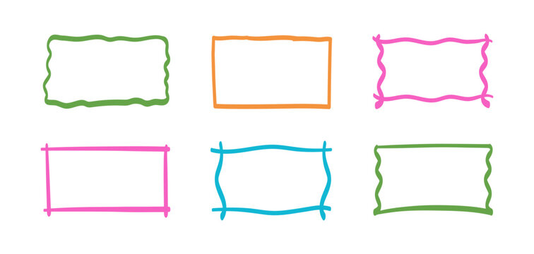 Hand-drawn colorful doodle frames. Set of the vector text boxes. Simple doodle rectangle pencil frame border shape. Hand-drawn doodle scribble border element for text quote template. 