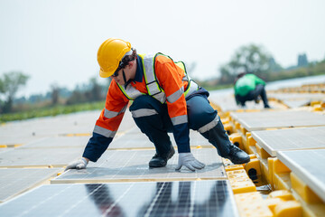 Engineer Inspecting Solar Panels at Power Plant