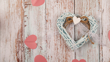 Romantic background heart on a wooden background. Love concept. Advertising, banner