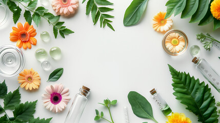 Natural organic fresh skincare cosmetic bottle container flower and leaf background with copy space.