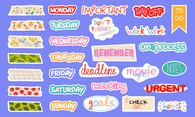 Daily or Weekly planner stickers vector flat illustration. Quotes and phrases for notebook or diary.