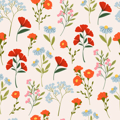 Floral semless pattern vector flat illustration. Blooming flowers. - obrazy, fototapety, plakaty