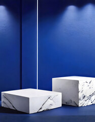 Marble rock podium mockup for products, indigo, blue background. Podium mockup for natural products	