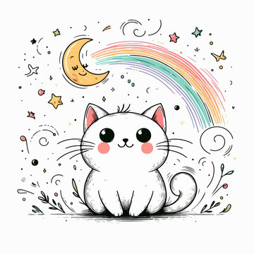 cute cartoon vector kitty cat with a smile and rainbow