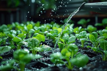 Young plants being watered from a can in a garden bed with soil.