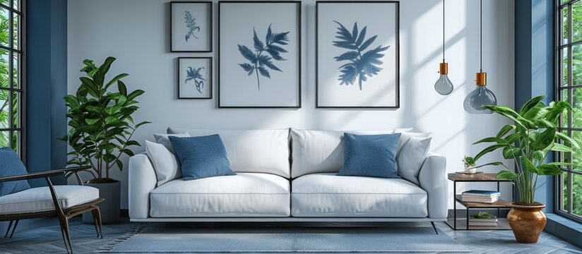 White and blue living room with sofa