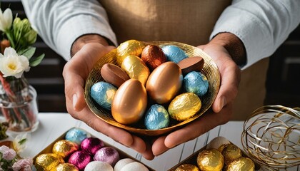 large colorful delicious chocolate easter eggs in the kitchen without filling open in half with...