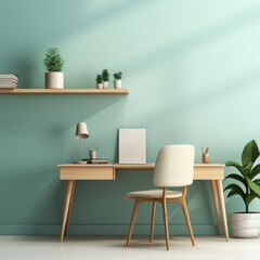 Mint: An office desk and chair with mint wall and a plant that sits on the shelf