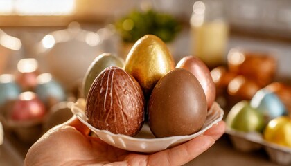 large colorful delicious chocolate easter eggs in the kitchen without filling open in half with chocolate candies inside person holding created by artificial intelligence