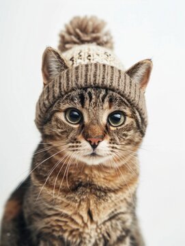 A cat wearing a knitted beanie hat looks directly at the camera