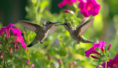 Male and female broad-billed hummingbirds in flight