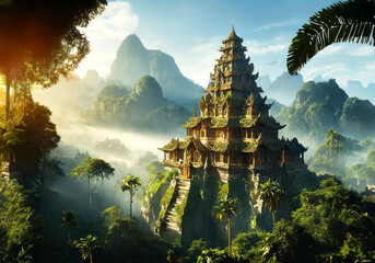 realistic illustration of a temple in the middle of tropical jungle - obrazy, fototapety, plakaty