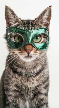 A cat with a green eye mask looks directly at the camera