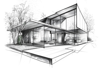 Hand-drawn sketch of a modern house