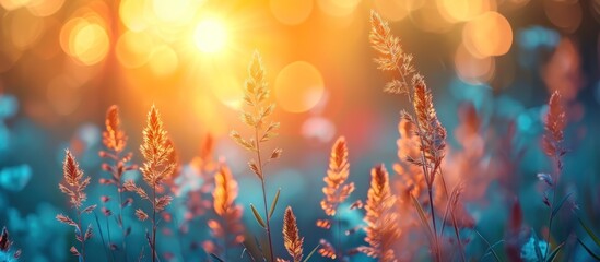 Wild grass in the forest at sunset - obrazy, fototapety, plakaty