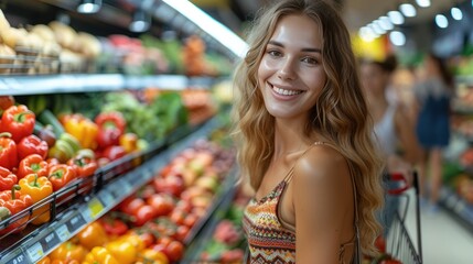 woman pushing shopping cart in supermarket