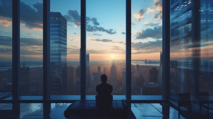 Silhouette of a man meditating in a yoga pose against a panoramic window overlooking the city - obrazy, fototapety, plakaty