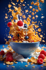 a breakfast dish cornflakes with milk and raspberries in a blue bowl
