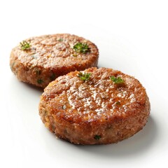 Two browned meat patties garnished with parsley on a white background.