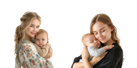 Young mother holding sleeping newborn baby. Mother hugs her child. Isolated on transparent background. Generative AI