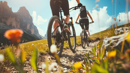 Couple cycling on electric bike, rides mountain trail - obrazy, fototapety, plakaty