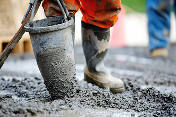 Photo construction worker pouring concrete  - Powered by Adobe