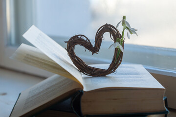 Wooden heart with snowdrops and a book on the window.