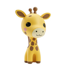 Friendly cartoon giraffe figure smiling gently with a whimsical and endearing design on a plain backdrop