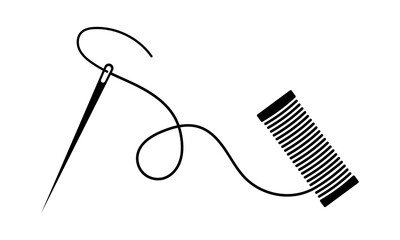 Spool thread with needle icon. Black silhouette with needle and spool. Tailor vector symbol.