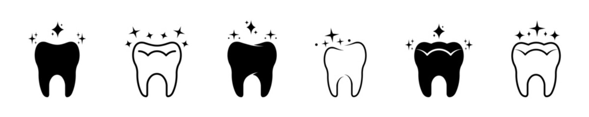 Set of clean and healthy tooth vector icons. Shine teeth icons. Dentistry symbol. - obrazy, fototapety, plakaty