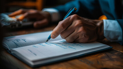 A focused individual annotating a graph in a notebook on a wooden desk.