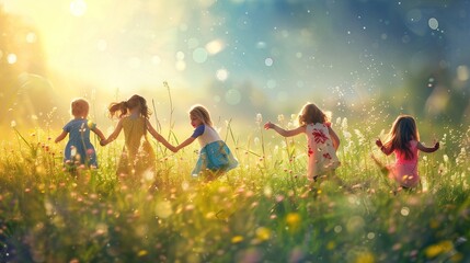 Cute happy children playing in spring filed