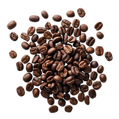 Obraz premium a small pile of coffee beans poured on the table, cofe beans isolated on white background, top view, flat lay photography