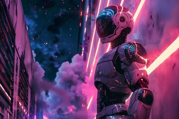 Futuristic Robot Stands Watch in Neon-Lit Street, Mesmerized by Distant Cosmic Clouds
