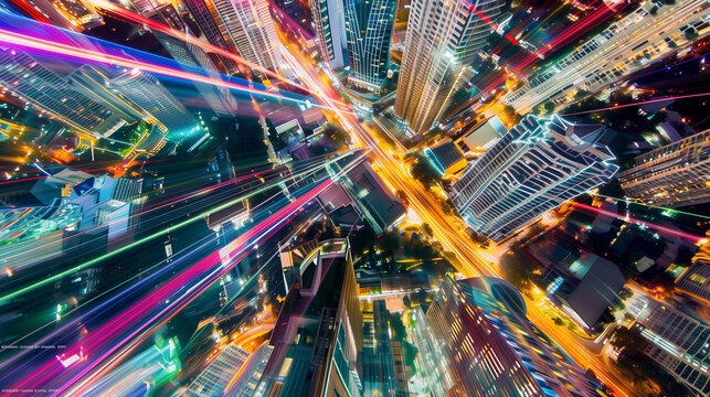 Abstract background Arial view of the city and there are laser beam of streaking up into the sky