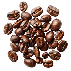 a small pile of coffee beans poured on the table, cofe beans isolated on white background, top view, flat lay photography