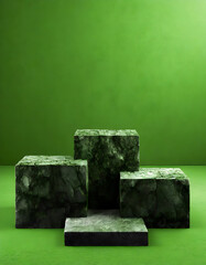 Marble rock podium mockup for products, lime green background. Podium mockup for natural products	
