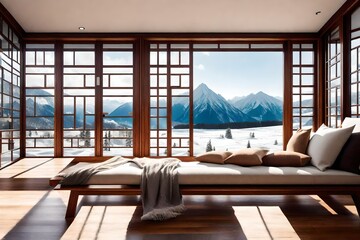 Wooden bench with beige pillows and blanket near panoramic grid  window with stunning winter snow mountain view. Japanese style home interior design of modern living room in chalet.