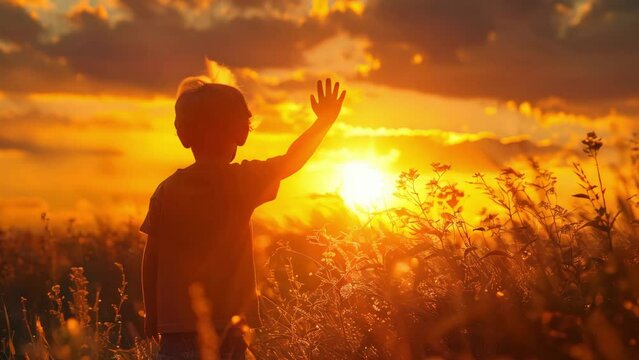 silhouette of a child waving their hand against the backdrop of a breathtaking sunset, reflecting warmth and innocence