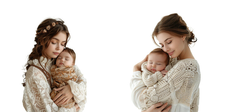 Young mother holding sleeping newborn baby. Mother hugs her child. Isolated on transparent background. Generative AI