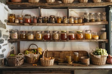 A pantry filled with jars of preserved foods and baskets of fresh produce, displaying abundance. - obrazy, fototapety, plakaty