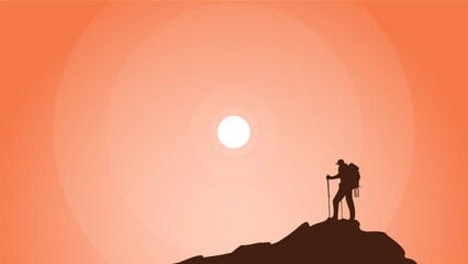 Fototapeta premium Traveler climb with backpack and travel walking sticks. silhouette of a person in the mountains. A Man hiking in the mountains. a person with backpack for hiking silhouette background