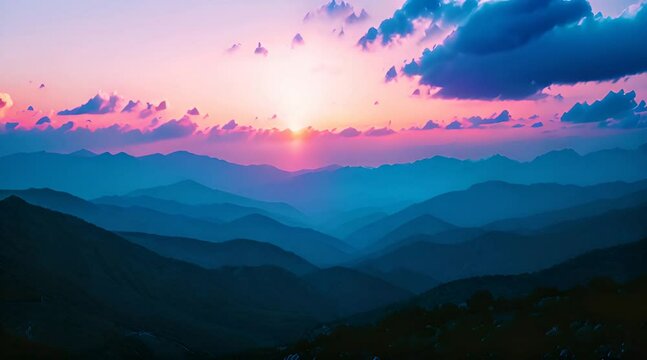 Sunset in the mountains with beautiful orange purple horizon and clouds above the last sun rays