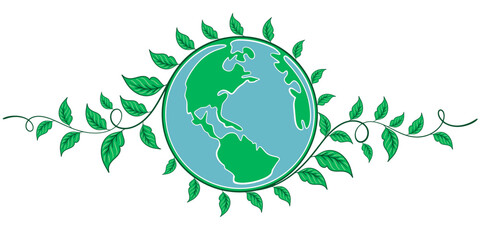 earth globe with green leaves line art style vector illustration, earth day, environment day illustration