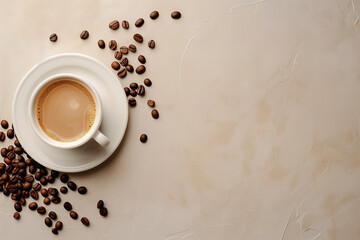Minimalist cup of coffee and cofe beans isolated on the Mocha mousse background with copyspace for text, concept of simplicity, plain background with much  space for copy text, minimalistic flat lay. 